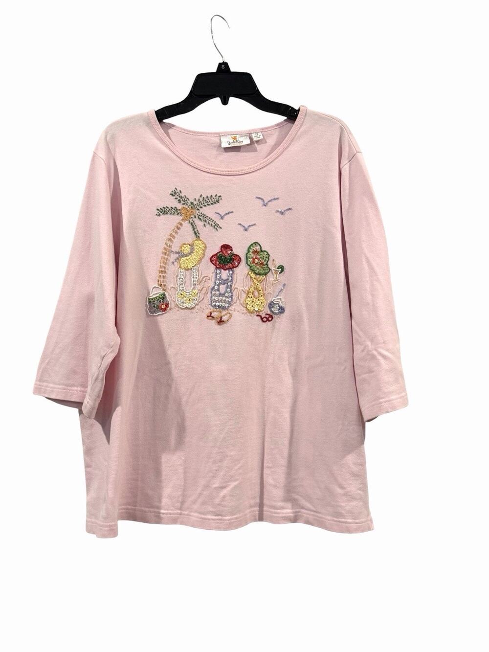 Quacker Factory Pink 3/4 Sleeve Top 2X Embellished Beach Ladies Sequin Beaded